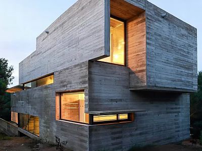 Modern Detached Villa with Concrete Exterior Geometric Design Illuminated Windows Evening View 3d model