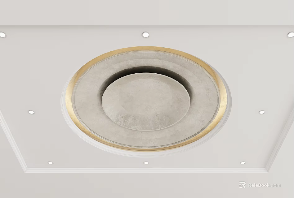 Modern White Ceiling Design With Circular Golden Border And Recessed Lights 3d model