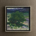 Landscape Painting Featuring Mountain Range With Colorful Red And Green Vegetation And Rocky Texture