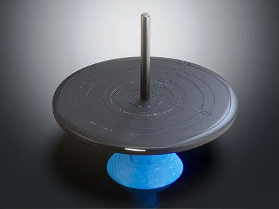 Modern Spinning Top With Metal Rod Circular Black Base And Blue Light 3d model