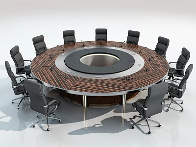 Round Wooden Conference Table With Black Office Chairs In Modern Meeting Room 3d model
