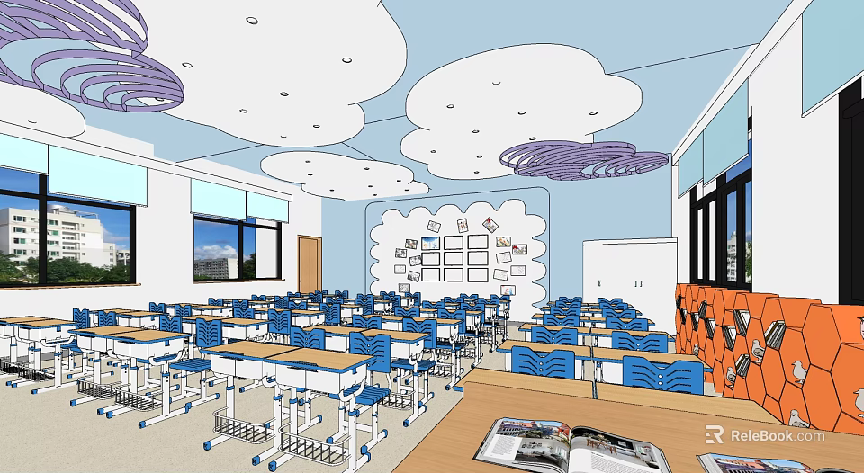 School Classroom Interior With Blue Desks Cloud Ceiling Whiteboard And Windows 3d model 