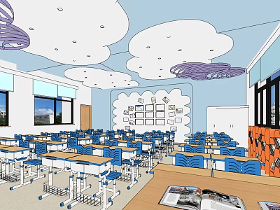 School Classroom Interior With Blue Desks Cloud Ceiling Whiteboard And Windows 3d model