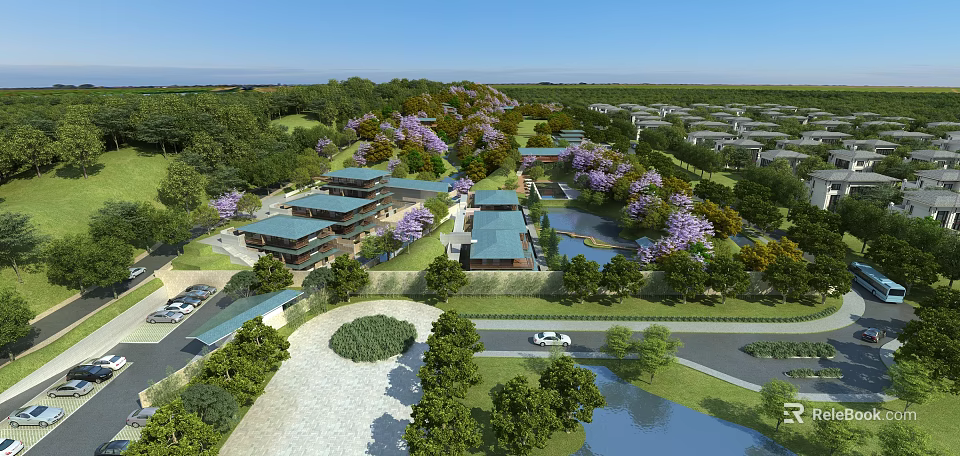Bird's Eye View Planning with Modern Buildings Greenery Water Bodies Scenic Roads and Vehicles 3d model 