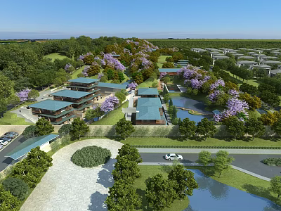 Bird's Eye View Planning with Modern Buildings Greenery Water Bodies Scenic Roads and Vehicles 3d model