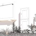 Red Fire Equipment Setup With Fire Box Hose Cabinet Extinguishers And Green Plants On Grass