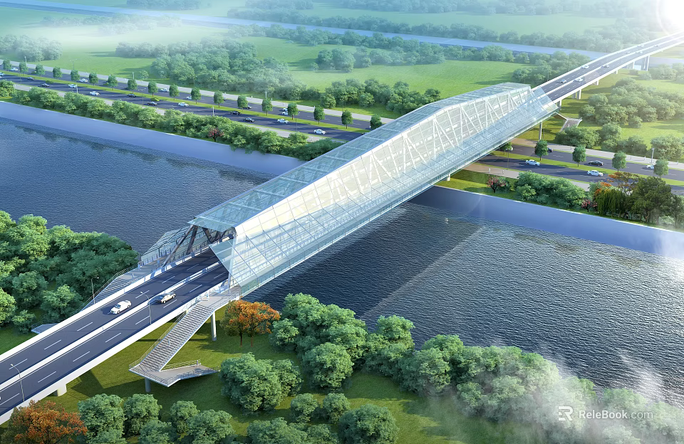 Modern Bridge Spanning River With Green Landscaping And Highway Connections 3d model 