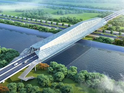 Modern Bridge Spanning River With Green Landscaping And Highway Connections 3d model