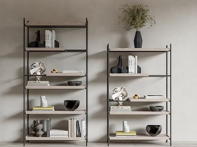 Minimalist Metal Frame Shelving Units With Wooden Shelves Books Decorative Items And Plant 3d model
