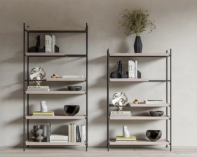 Minimalist Metal Frame Shelving Units With Wooden Shelves Books Decorative Items And Plant 3d model