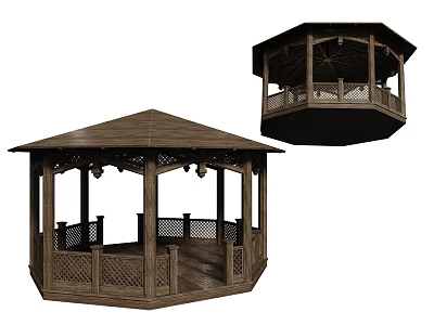 Traditional Ancient Architectural Octagonal Wooden Pavilion With Classic Roof And Railing Structure 3d model