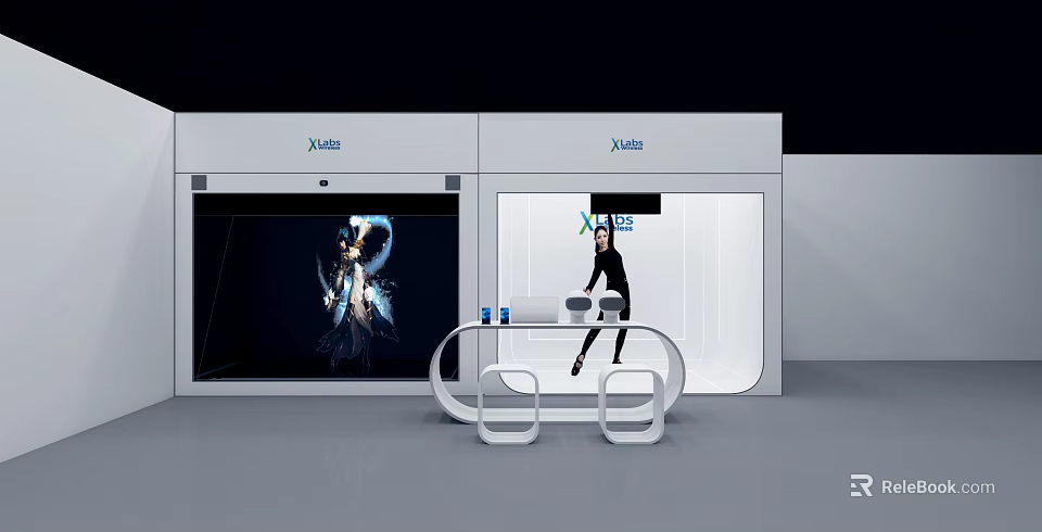 Xixi Exhibition Booth Featuring Display Cabinets With Images Curved Table And Items 3d model 