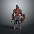 Medieval Warrior Red Brown Armor With Helmet Sword And Decorative Shield 3d model