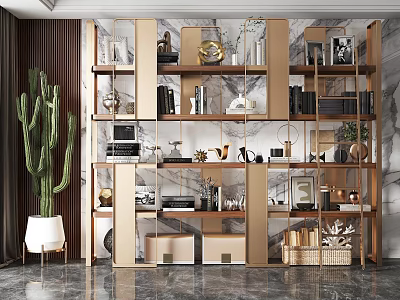 Modern Storage Shelving Unit With Metal Frame Decorative Ornaments Books And Cactus Plant 3d model