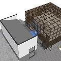 Modern Museum Building Exterior With Wooden Lattice Gray Brick Wall And Circular Emblem