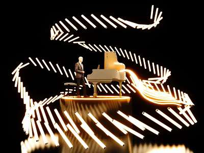 Man Standing By Piano Surrounded By Golden Light Strips On Black Background 3d model
