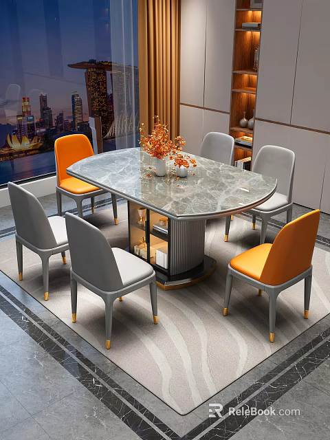Modern Dining Table Set With Oval Marble Top Storage Base And Orange Gray Chairs 3d model