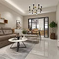 Modern Living Dining Room Interior With Open Layout Sofa Dining Table And Chandelier 3d model