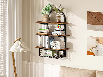 Modern Living Room Interior With Wall Shelf Green Plants Books And Floor Lamp 3d model