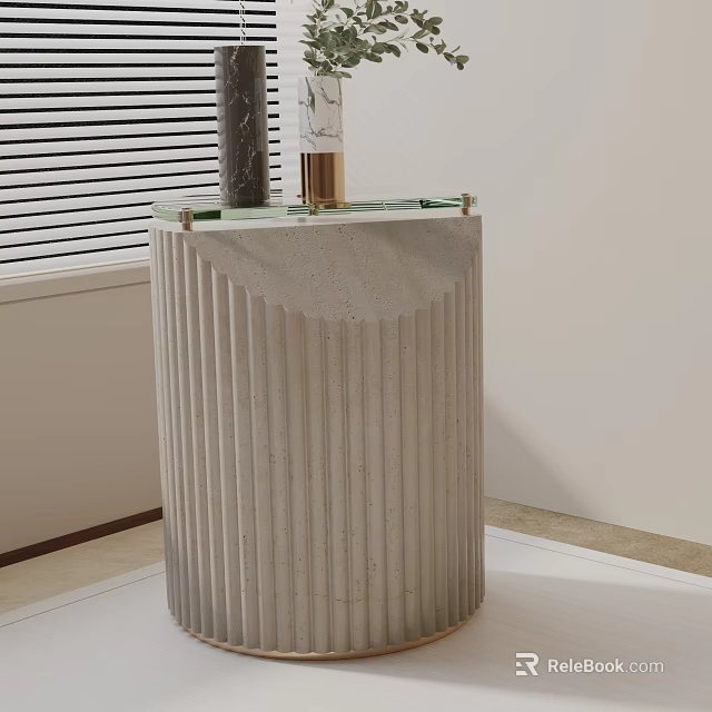Modern Ribbed Concrete Side Table with Glass Top and Decorative Vase 3d model 
