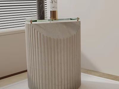 Modern Ribbed Concrete Side Table with Glass Top and Decorative Vase 3d model