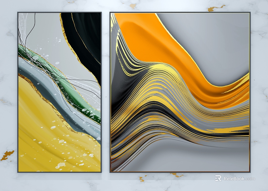Modern Abstract Paintings With Orange Yellow Green Wavy Lines And Gold Accents 3d model 