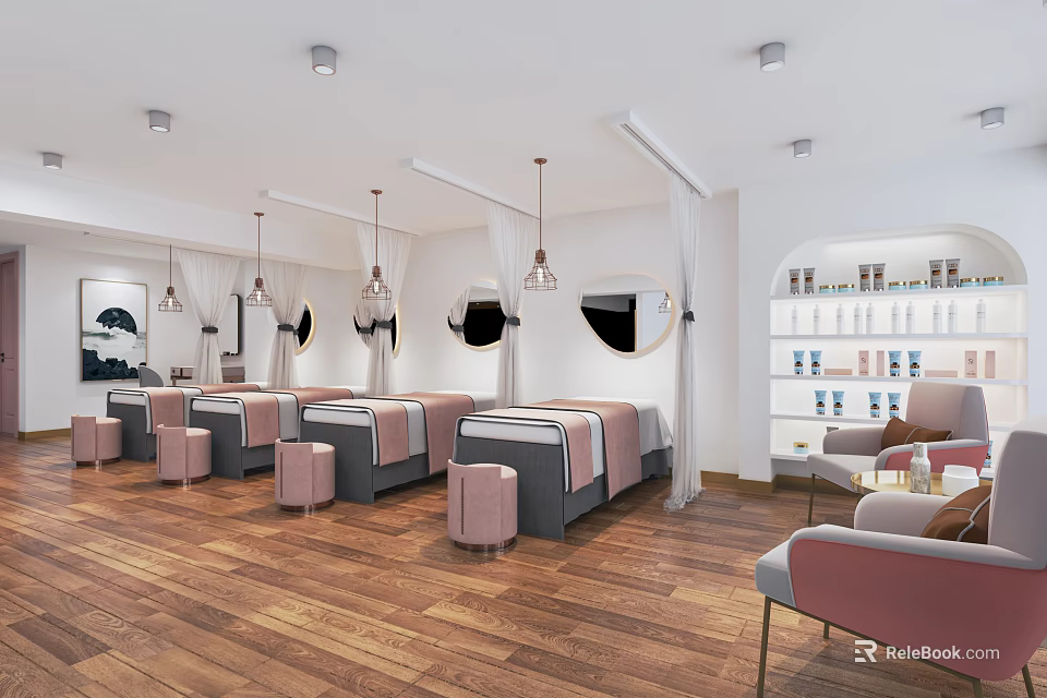Relaxing SPA Sauna Interior With Massage Beds Soft Decor And Wooden Flooring 3d model 