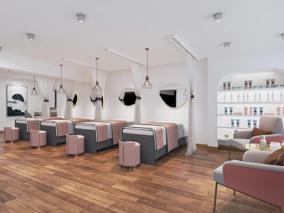 Relaxing SPA Sauna Interior With Massage Beds Soft Decor And Wooden Flooring 3d model