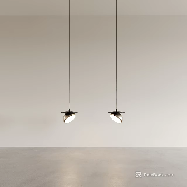 Two Modern Pendant Lights With Sleek Design Hanging Against White Wall And Concrete Floor 3d model 