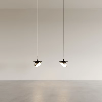 Two Modern Pendant Lights With Sleek Design Hanging Against White Wall And Concrete Floor 3d model