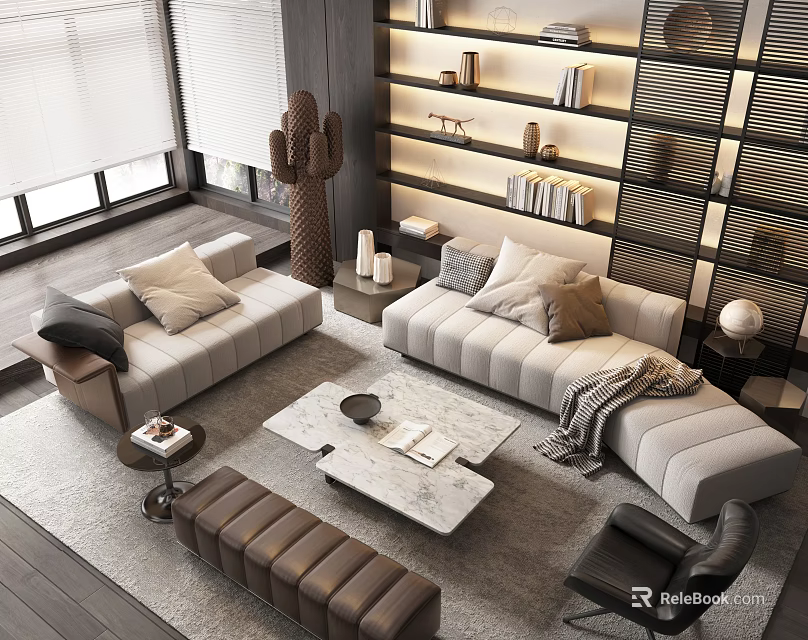 Modern Sofa and Coffee Table Set with Shelves Decorative Items and Cactus in Living Room 3d model 