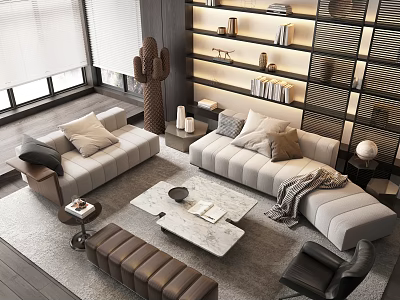 Modern Sofa and Coffee Table Set with Shelves Decorative Items and Cactus in Living Room 3d model