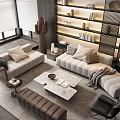 Modern Sofa and Coffee Table Set with Shelves Decorative Items and Cactus in Living Room