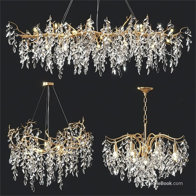 Elegant Crystal Chandeliers With Gold Metal Frame And Hanging Crystal Elements 3d model 