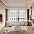 Elegant Modern Study Room Interior With White Sofa Desk Round Rug And Large Window 3d model
