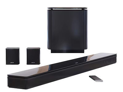 Modern Home Theater Sound System With Soundbar Subwoofer Satellite Speakers And Remote Control 3d model