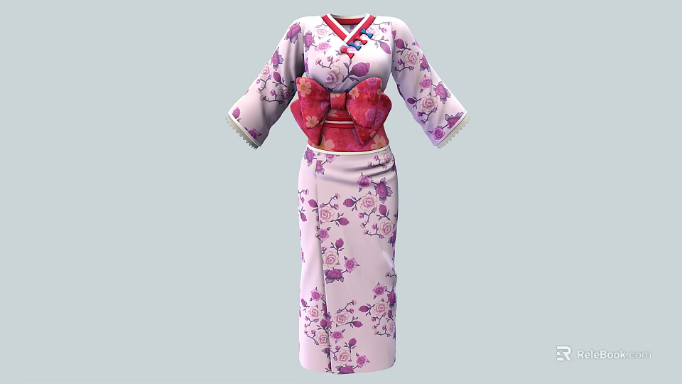Pink Kimono With Purple Cherry Blossom Print And Red Bow Sash White Trimmed Cuffs 3d model 