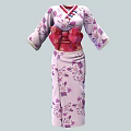 Pink Kimono With Purple Cherry Blossom Print And Red Bow Sash White Trimmed Cuffs