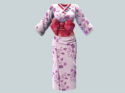 Pink Kimono With Purple Cherry Blossom Print And Red Bow Sash White Trimmed Cuffs 3d model