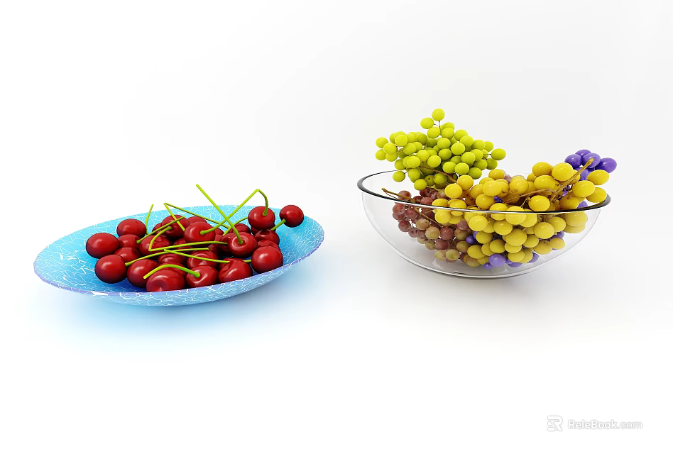 Fresh Red Cherries in Blue Plate and Colorful Grapes in Glass Bowl 3d model 