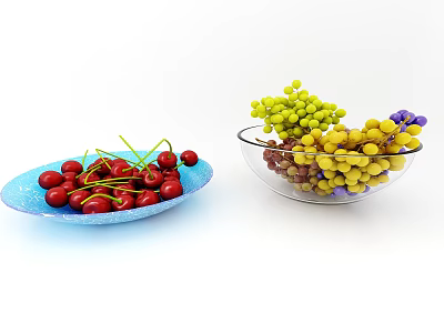 Fresh Red Cherries in Blue Plate and Colorful Grapes in Glass Bowl 3d model