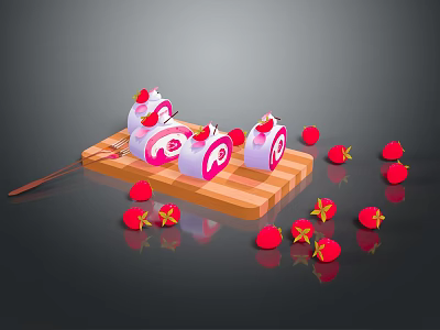 Fresh Strawberry Swiss Roll Sliced On Wooden Cutting Board With Berries And Star Decorations 3d model