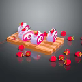 Fresh Strawberry Swiss Roll Sliced On Wooden Cutting Board With Berries And Star Decorations