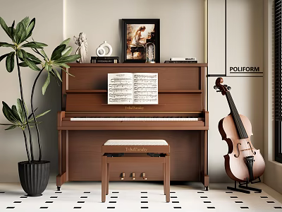 Elegant Room Interior with Brown Piano Violin Music Sheets Framed Picture and Green Plant 3d model