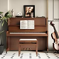 Elegant Room Interior with Brown Piano Violin Music Sheets Framed Picture and Green Plant