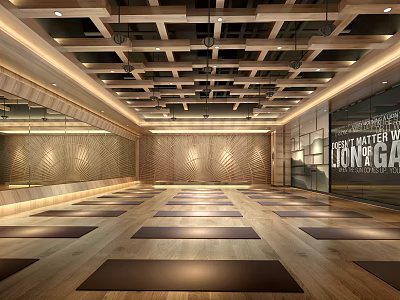 Modern Yoga Studio With Aligned Mats Wooden Floors Mirror Walls And Bright Lighting For Fitness 3d model