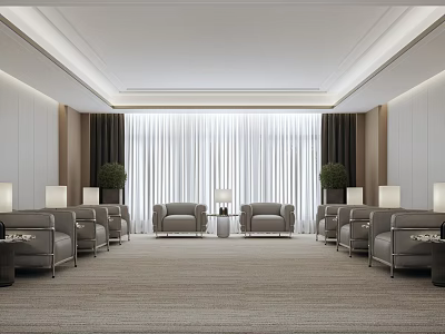 Modern Hotel Public Lounge Area With Comfortable Sofas Armchairs Green Plants And White Curtains 3d model