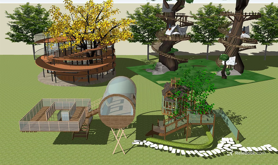 Children's Play Area With Treehouse Circular Platform Slide Transparent Dome Green Lawn And Wooden Structures 3d model 