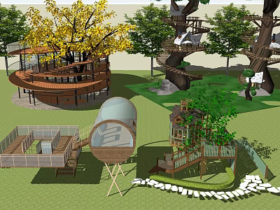 Children's Play Area With Treehouse Circular Platform Slide Transparent Dome Green Lawn And Wooden Structures 3d model