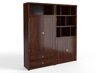 Dark Wooden Bookcase With Classic Design Cabinet Doors Open Shelves Drawers And Brass Handles 3d model